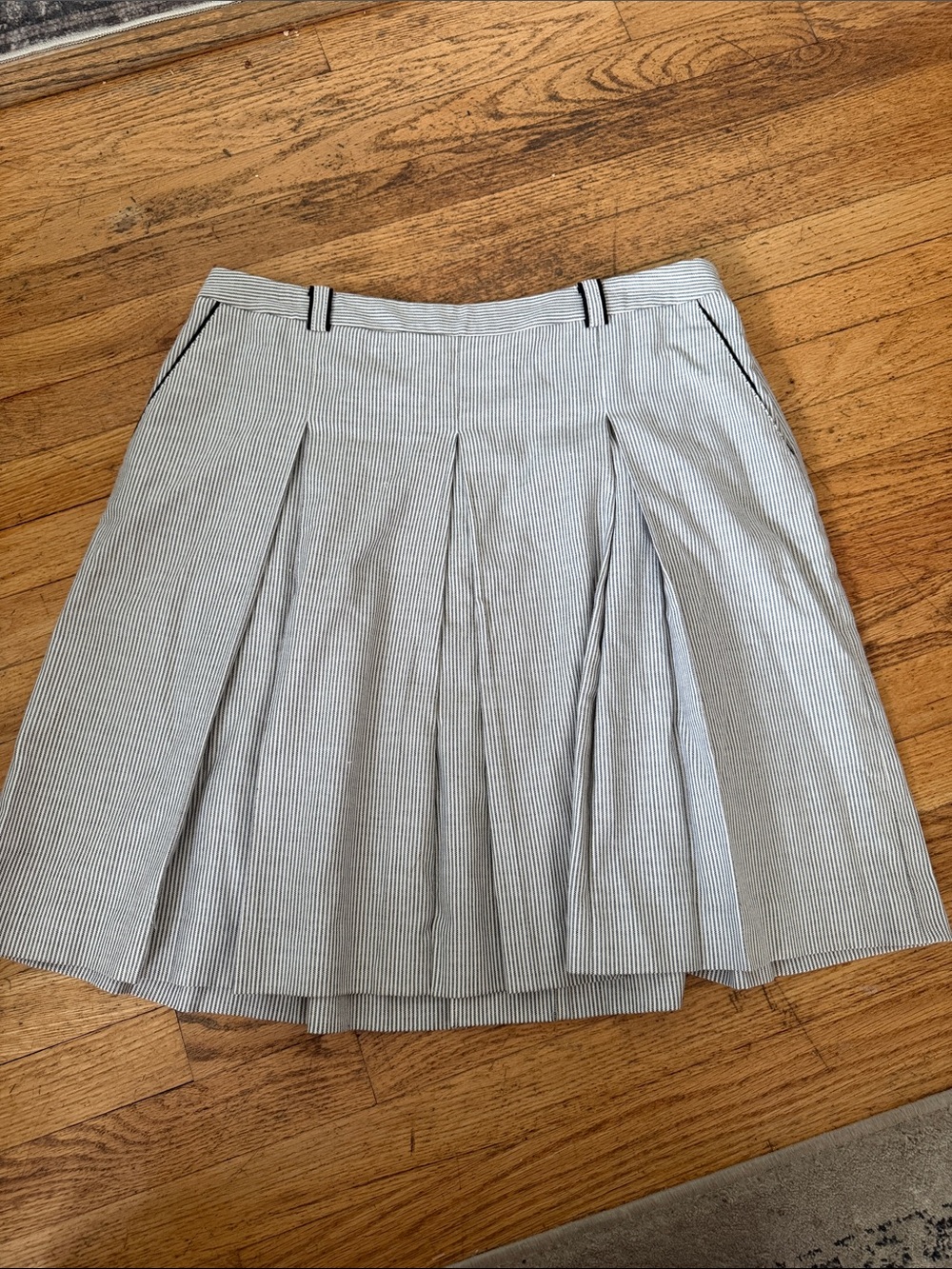 Semantiks Gray and White Pinstripe Pleated
A-Line Academia Minimalist Skirt